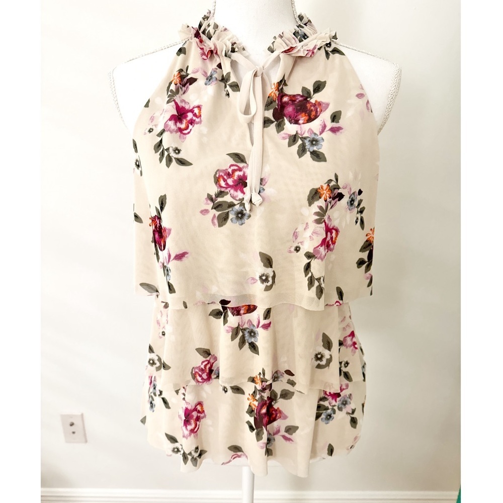 WHBM Sleeveless Tiered Floral Top in Berry Bouquet Floral Print Size XS